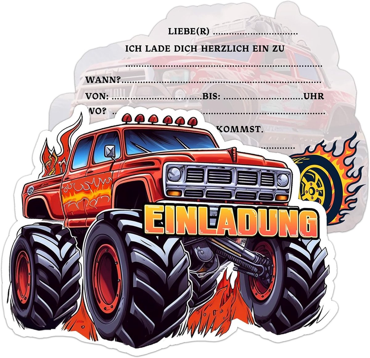 SnelShoppen - Uitnodigingskaarten Kinderverjaardag Monster Truck - 10 Stuks - Racespellen Thema Feest - Geschikt voor Kinderen - Feestdecoratie - Verj