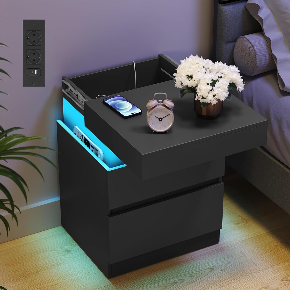 Nachtkastje met LED-verlichting en oplaadstation, 35D x 40W x 55H cm - Industrohome