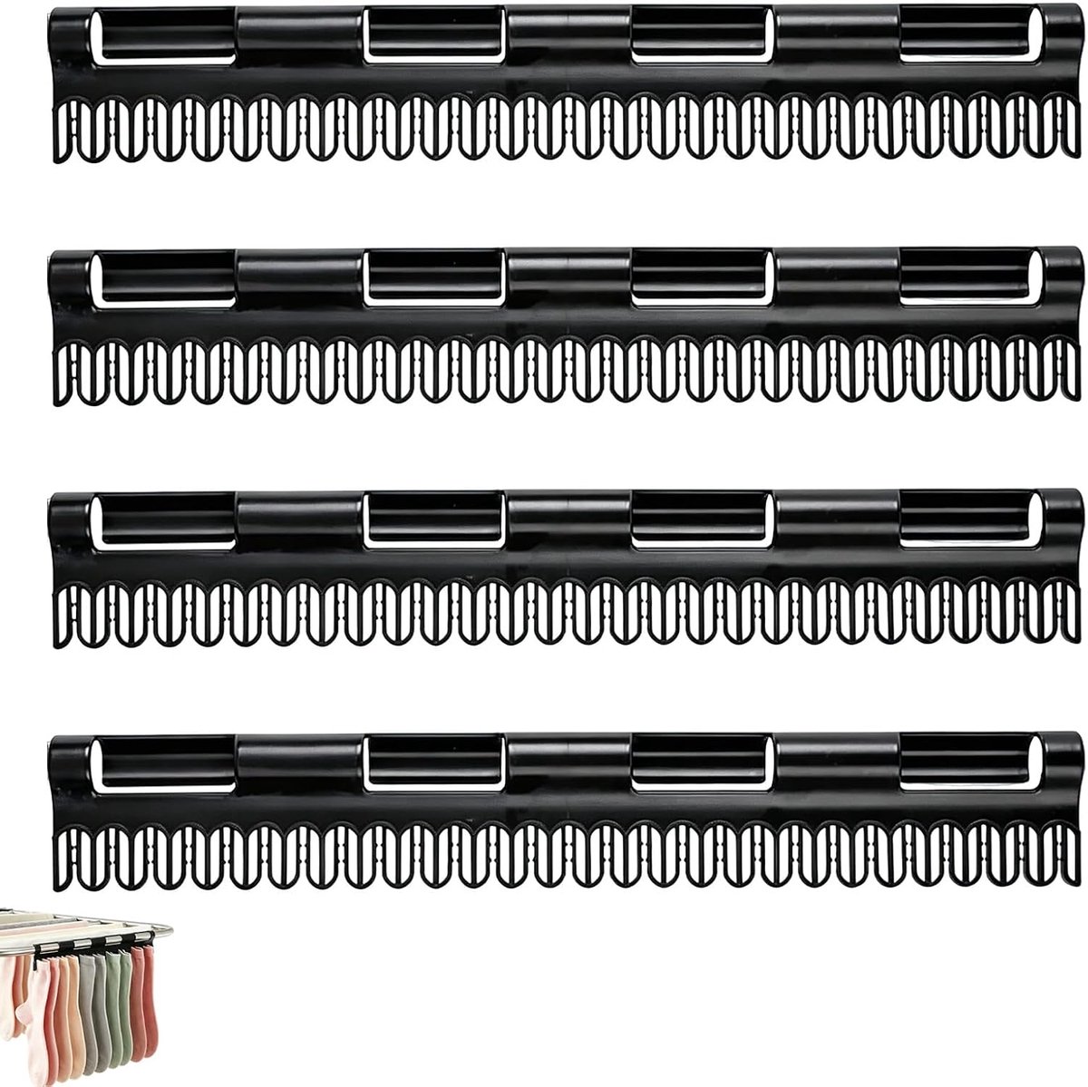 4 stuks sokkenrek: sterk plastic, 32x5 cm, zwart – voor sokken, handschoenen & babykleding
