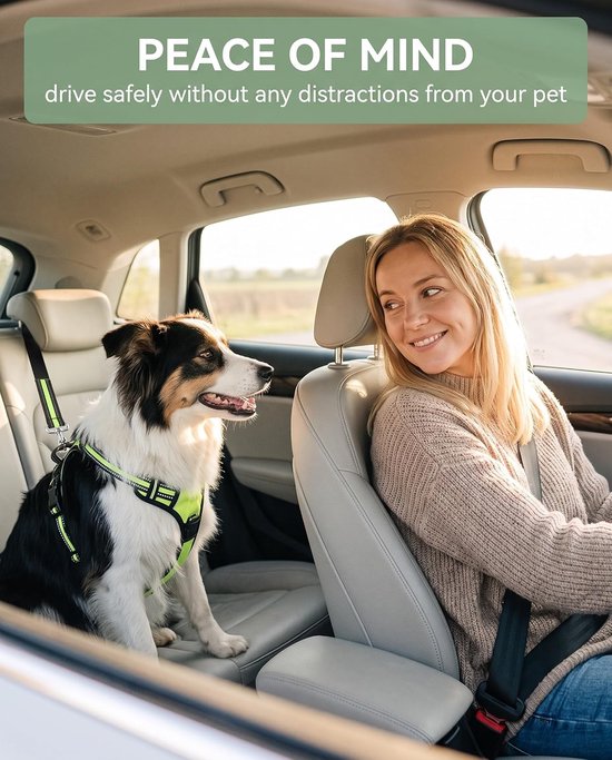 Autoveiligheidsgordel voor honden met verstelbare halsband van nylon, autoriem voor honden, veiligheidsgordel voor honden in de auto, voor reizen in de auto (groen) — afbeelding 2