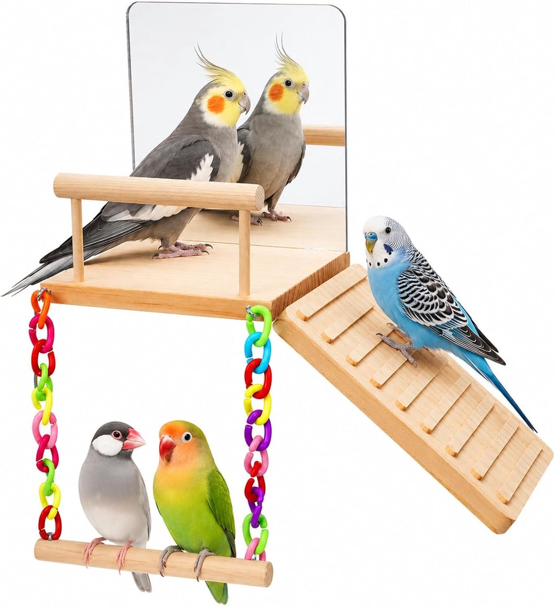 Speelgoed set met spiegel schommel, vogelstok platform, kooiaccessoires voor grasparkieten valkparkieten