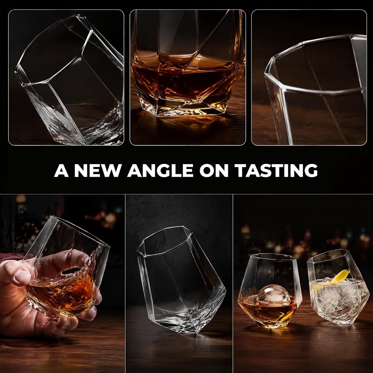 2 stuks whiskyglazen, schuin staande drinkglazen, 380 ml, draaibare whiskyglazen, whiskybekers, cadeau, wiebelglazen, proeverijglas voor mannen, voor scotch, bourbon, cognac en cocktails