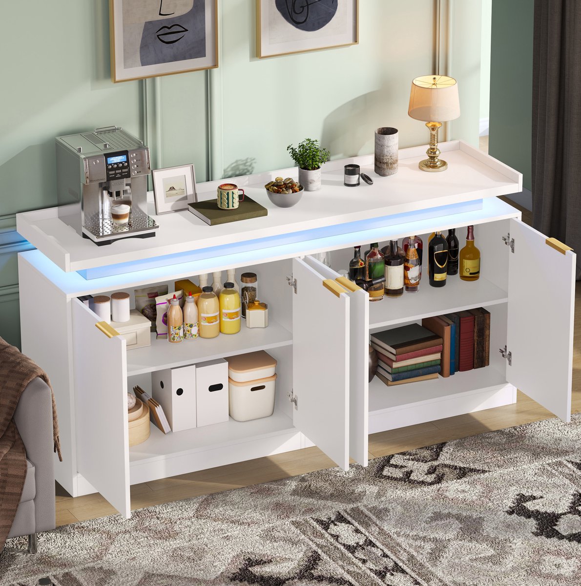 STILVORA Keukenkast - Met RGB Ledverlichting En Vier Deuren - Voor Keuken, Eetkamer En Woonkamer - MDF - 160x39x83 Cm - Wit