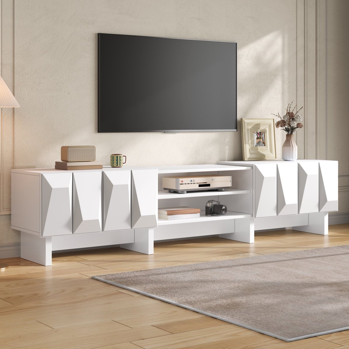 STILVORA Tv-Meubel - Vier Deuren En Open Vakken - Met Kabeldoorvoer Voor Woonkamer - Spaanplaat - 180x34x44,5 Cm - Wit - Staand
