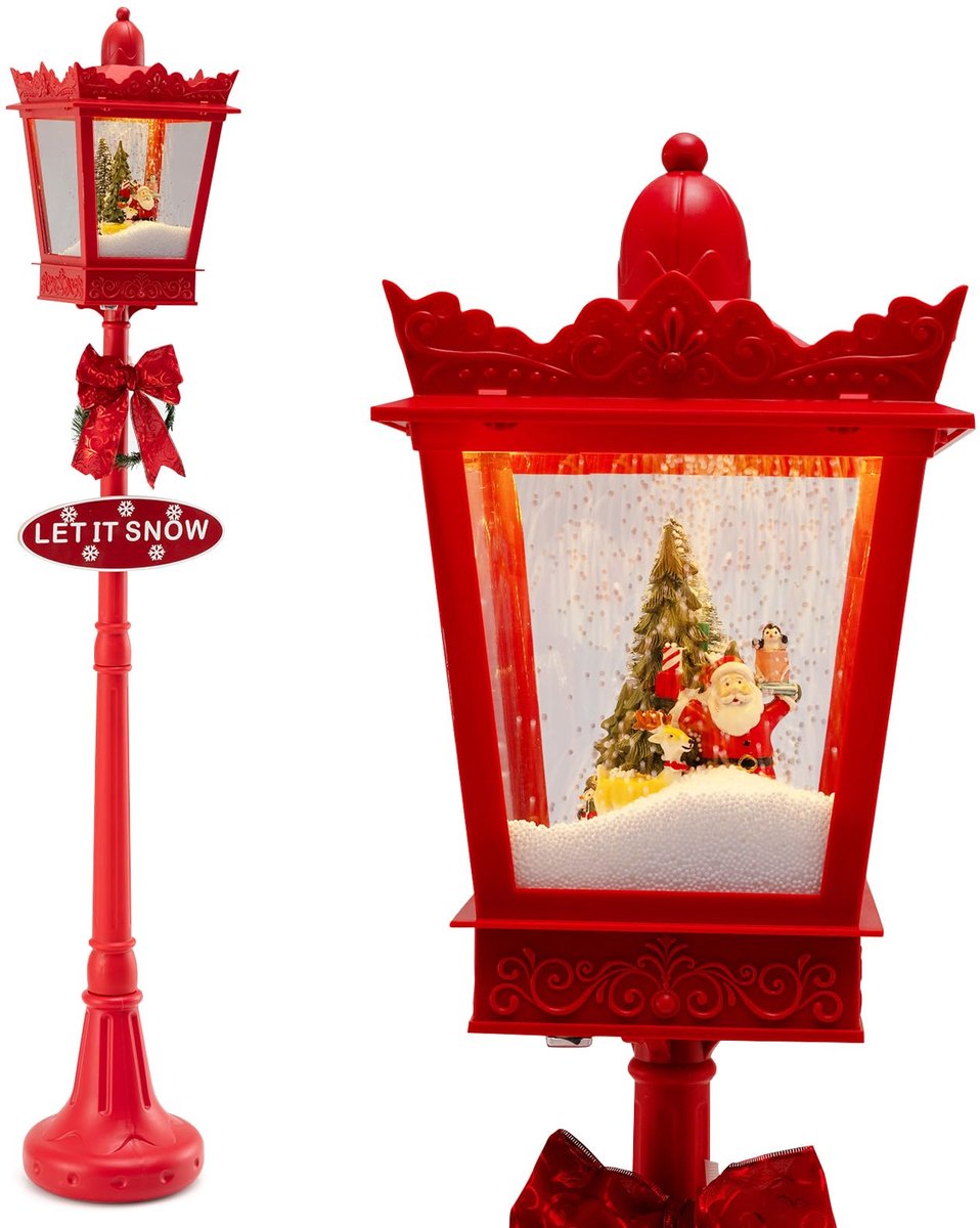 COSTWAY 185 cm kerstlantaarn, straatlantaarn met warmwitte ledverlichting, sneeuweffect, kerstman en muziek – kerstdecoratie voor huis, tuin en veranda