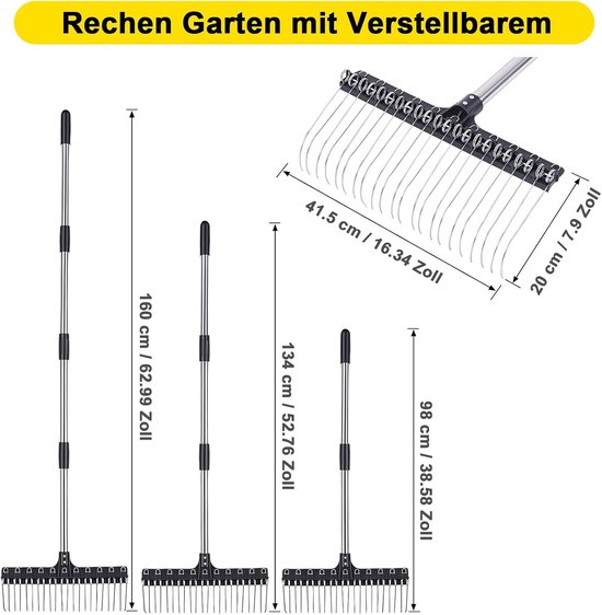 Garden Rake with Adjustable Handle, Wide Garden Rake with 22 Spring Steel Teeth for Lawn, Leaves and Soil, Robust Lawn - ShopVlot — afbeelding 4