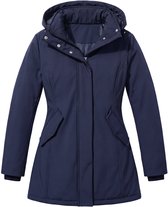 Donkerblauwe, getailleerde damesparka met capuchon, rits en drukknoopsluiting aan de voorzijde.