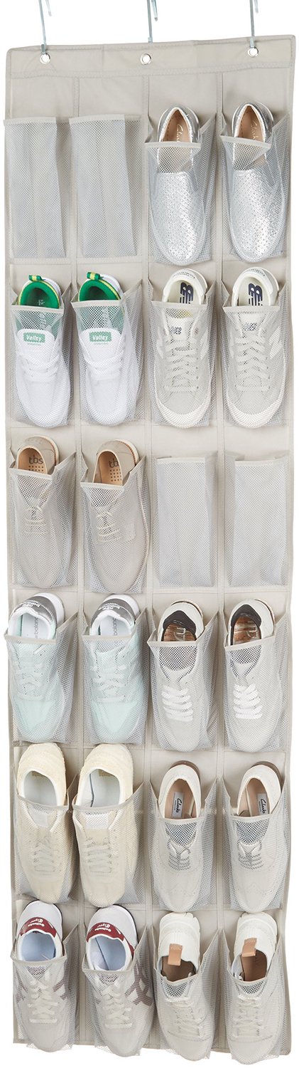 Schoenenrek voor over de Deur – Hangende Schoenenorganizer met 24 Vakken voor 12 Paar Schoenen – Beige en Lichtgrijs