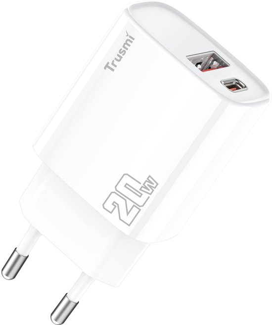 Witte 20W Trusmi-wandoplader met een USB-A- en USB-C-poort.