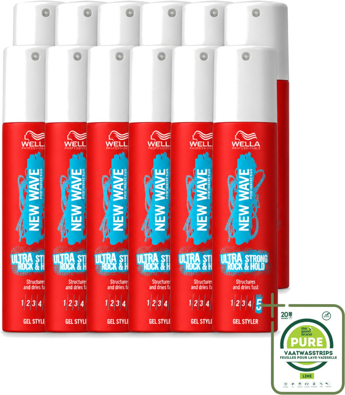 12 x Wella – New Wave Ultra Strong Rock & Hold – Haargel – 100 ml - Grootverpakking - Vaatwasstrips - Haargel - Haargel Styler - Krachtige Fixatie - Glans Haar - Langdurige Hold
