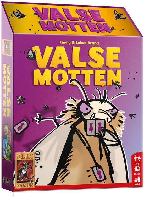 Boîte de jeu Valse Motten illustrée d'un papillon de nuit malicieux cachant des cartes sur un fond violet.