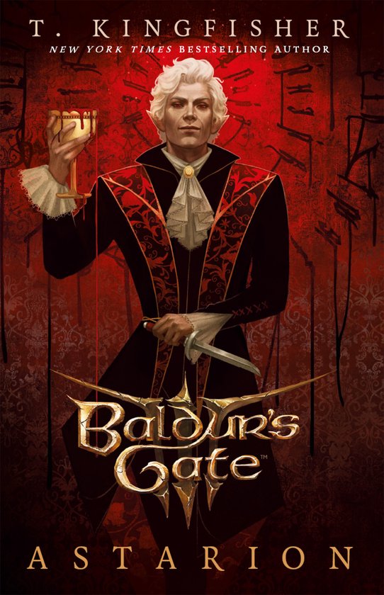 Astarion met een beker bloed en dolk voor een rode, gedetailleerde achtergrond. Boektitel Baldur's Gate en Astarion.