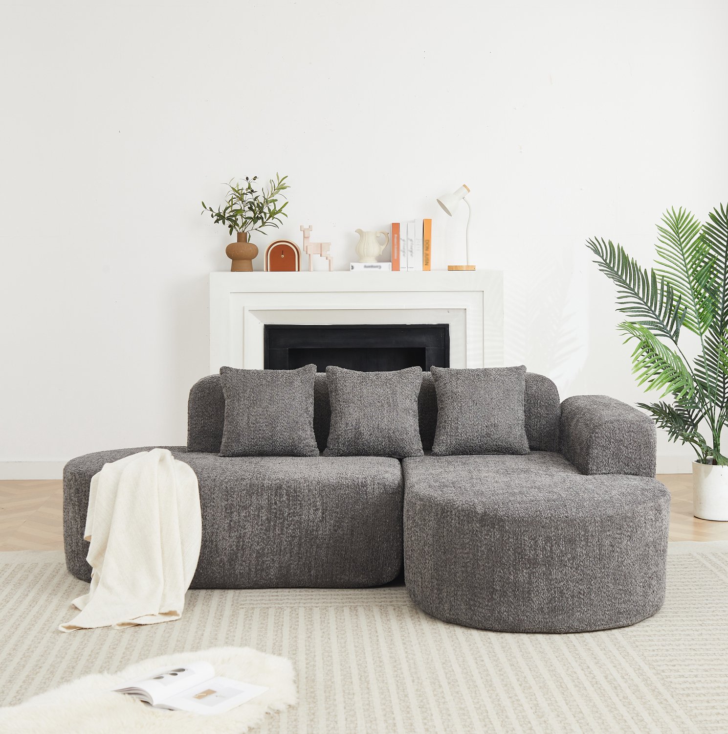 MODENUIT Hoekbank - L-Vorm Met Rechter Ligvlak En 3 Rugkussens - Woonkamer - Chenille Grijs - 222x157x73 Cm