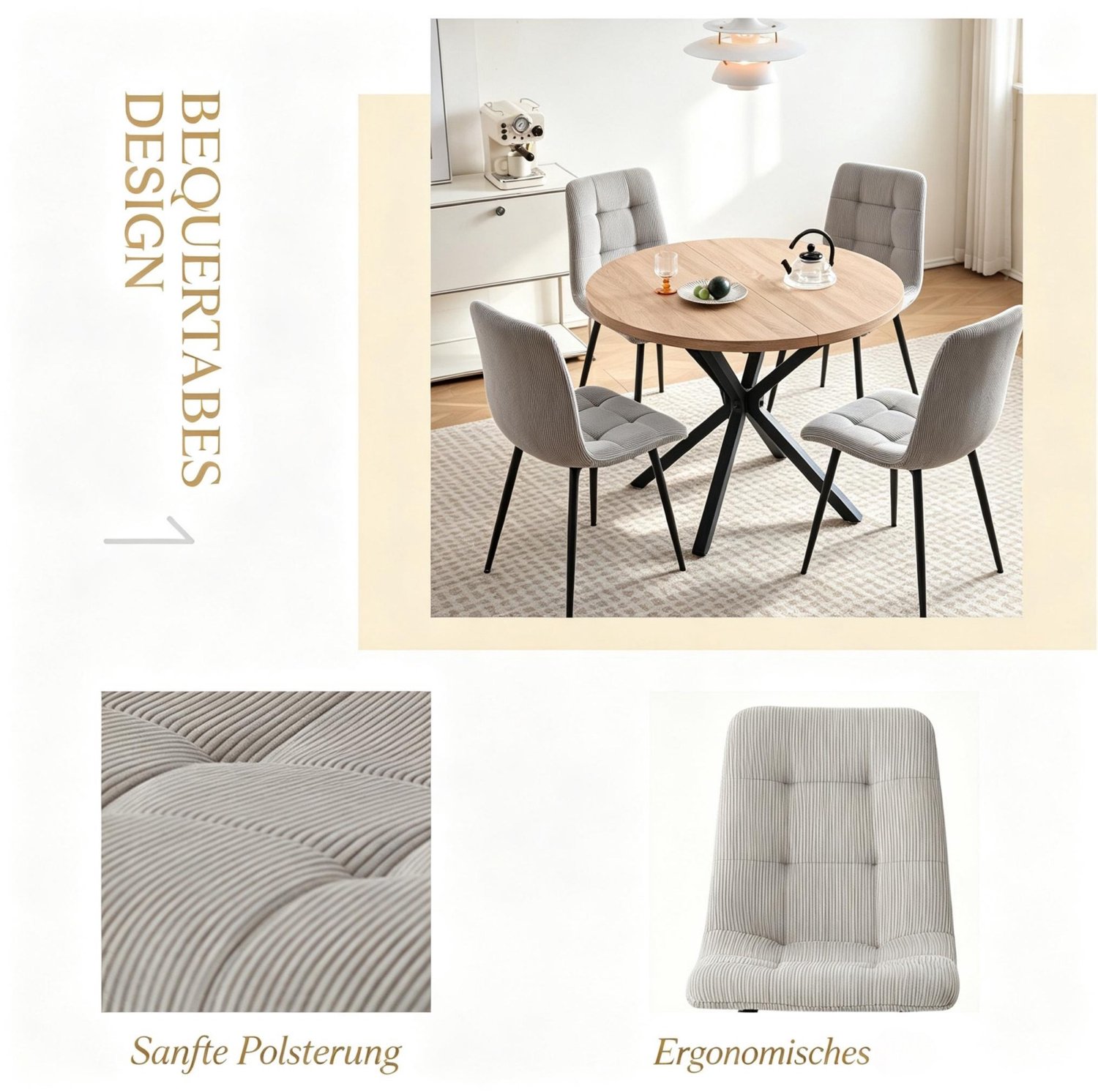 DESMIU Eetkamerstoel - Set Van 4 - Hoge Rugleuning En Gewatteerde Zitting - Voor Eetkamer Keuken En Woonkamer - Ribstof Metalen Poten - Grijs