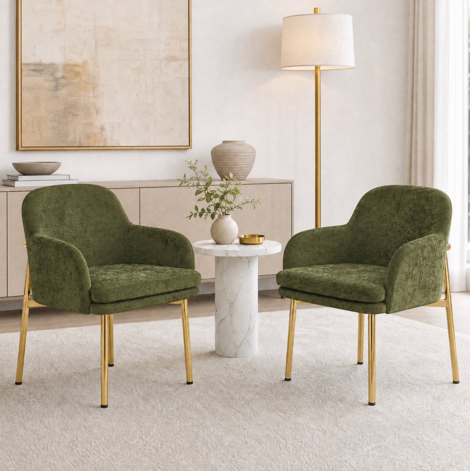 MODENUIT Eetkamerstoelen - Armleuningen en Verstelbare Voetdoppen - Keuken - Polyester - Groen - 61x59 Cm