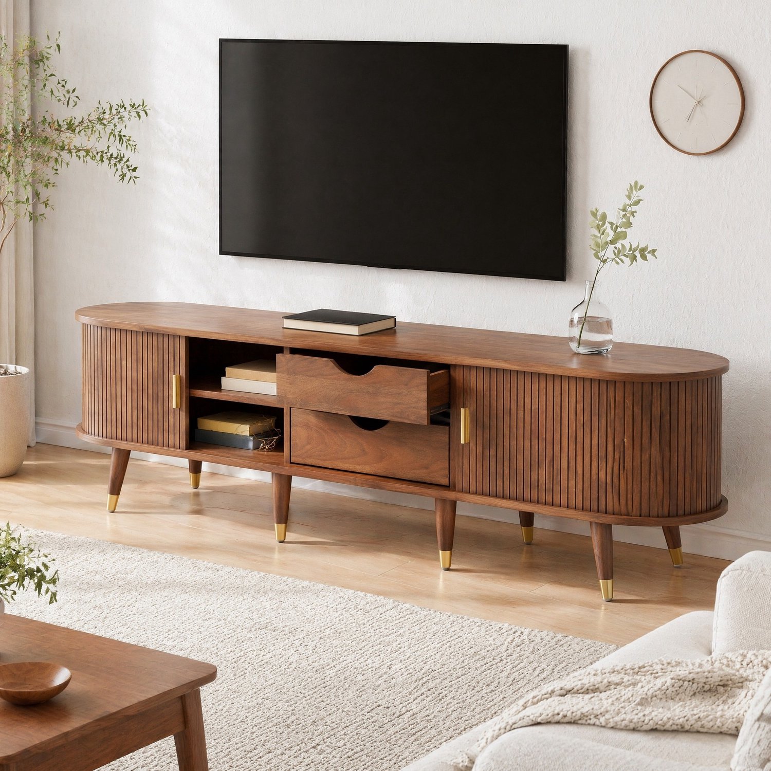 CHICFURN TV-meubel 175 cm - Opbergruimte - Laden en open vakken - Walnoot