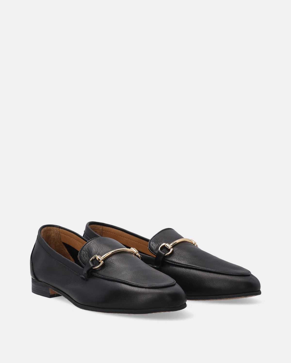 Merkloos Leren Damesloafers - Zwart - Gouden Metalen Gesp