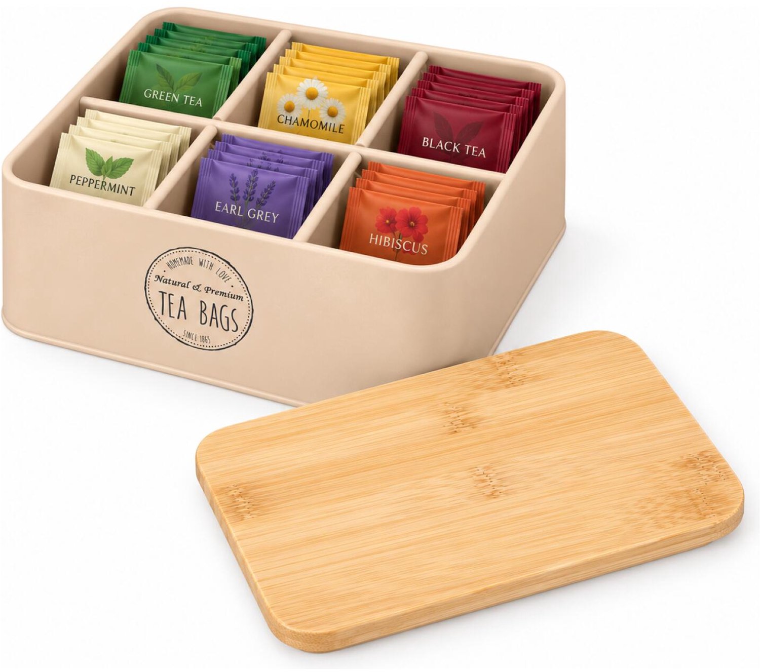 Bellatio Design Theedoos met bamboe deksel - beige - 6 vaks - metaal/hout - 16 x 19 x 8 cm - theebox