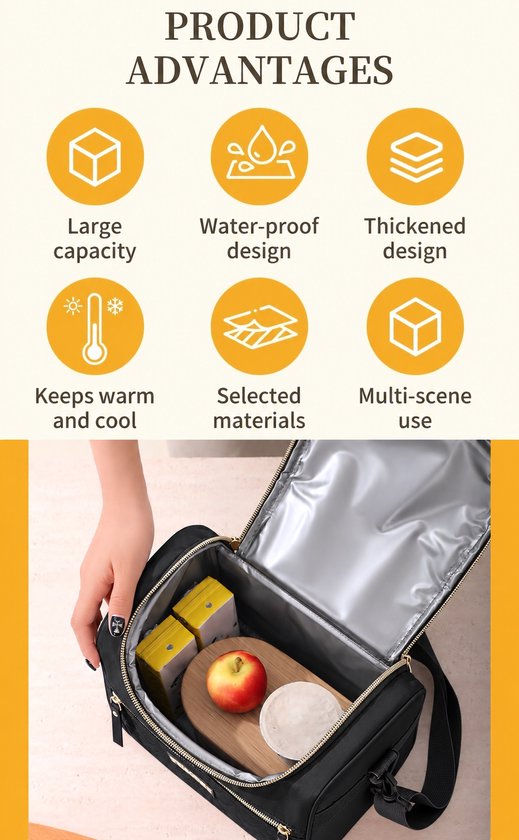 Rainbecom Lunchtas 8.3L - Koeltassen Zwart - Isolerende & Waterdichte 900D Polyester – Handvat Riem Lunch Bag - Verstelbare Schouderriem – Voor Werk, School, Reizen, Picknick - 24.8x16x21cm — afbeelding 4