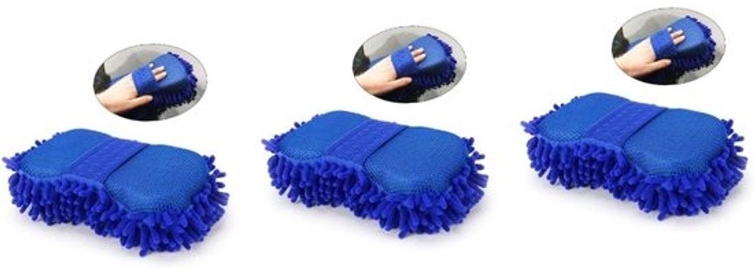 Washandschoenen voor auto - Schoonmaakspons - Auto poetsen - Krasvrije chenille - 3 stuks - Blauw