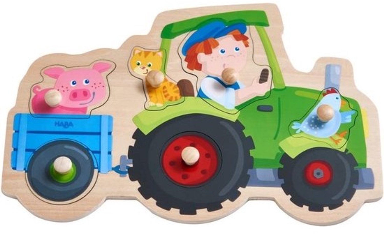 Houten insteekpuzzel met grote grepen - Trekkers en dieren - Voor baby's vanaf 1 jaar