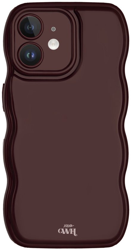 Bordeauxrood glanzend telefoonhoesje met golvende randen en wit 'xoxo GWH' logo onderaan.