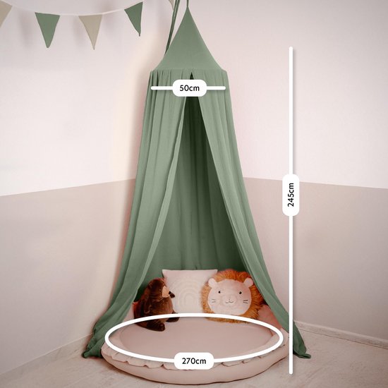Groene hemeltje met afmetingen: 245 cm hoog, 50 cm diameter bovenring en 270 cm bodemomtrek.