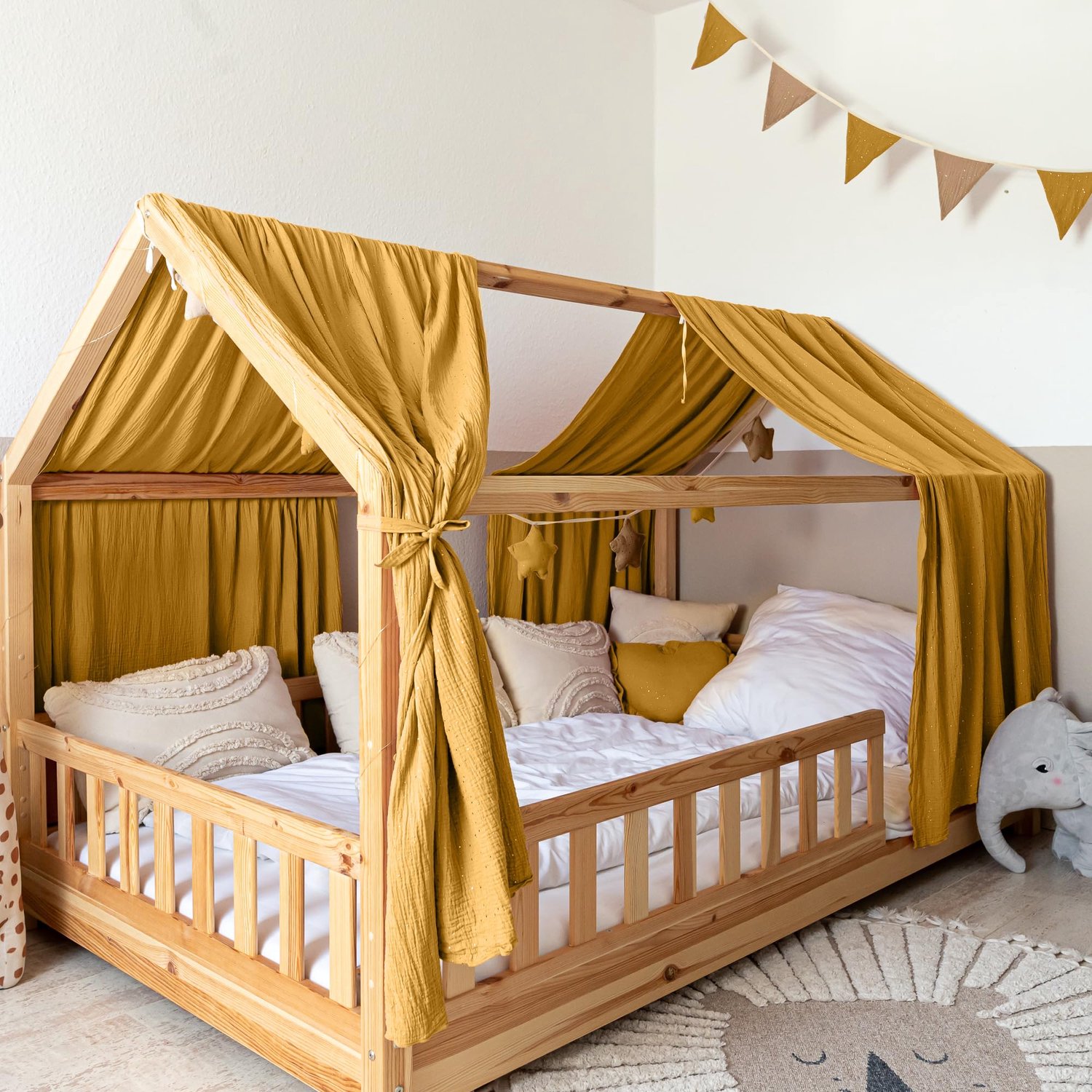 Lilimaus Huisbed hemeltje met gouden details - set van 2 banen - bedhemel voor huisbed - 67,5x270 cm - mousseline katoen - geel