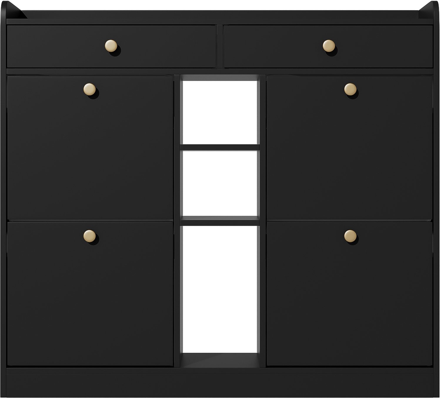 SONNENH Zwarte schoenenkast met 4 kantelkleppen, 2 laden en 3 open vakken - 110 x 26 x 100 cm