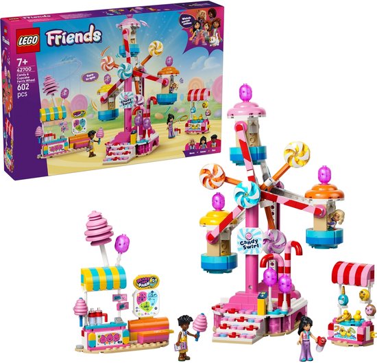 LEGO Friends reuzenrad van snoep en cupcakes met minipoppen, kraampjes en een kleurrijk reuzenrad.