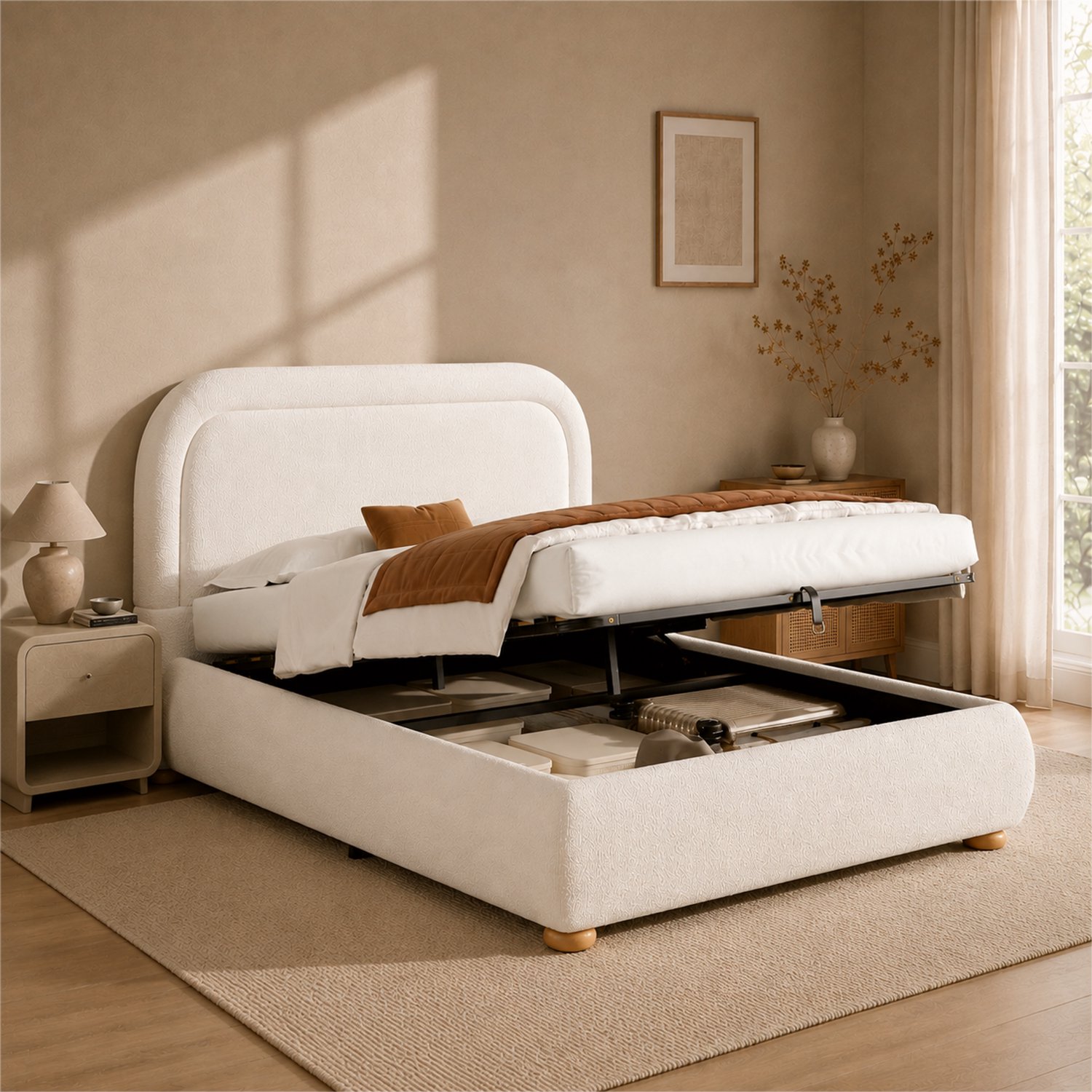 Merax Gestoffeerd Bed 160 x 200 cm - Bed met Opbergruimte - Houten Lattenbodem - Hefmechanisme - Zachte Lusjesstof - Wit