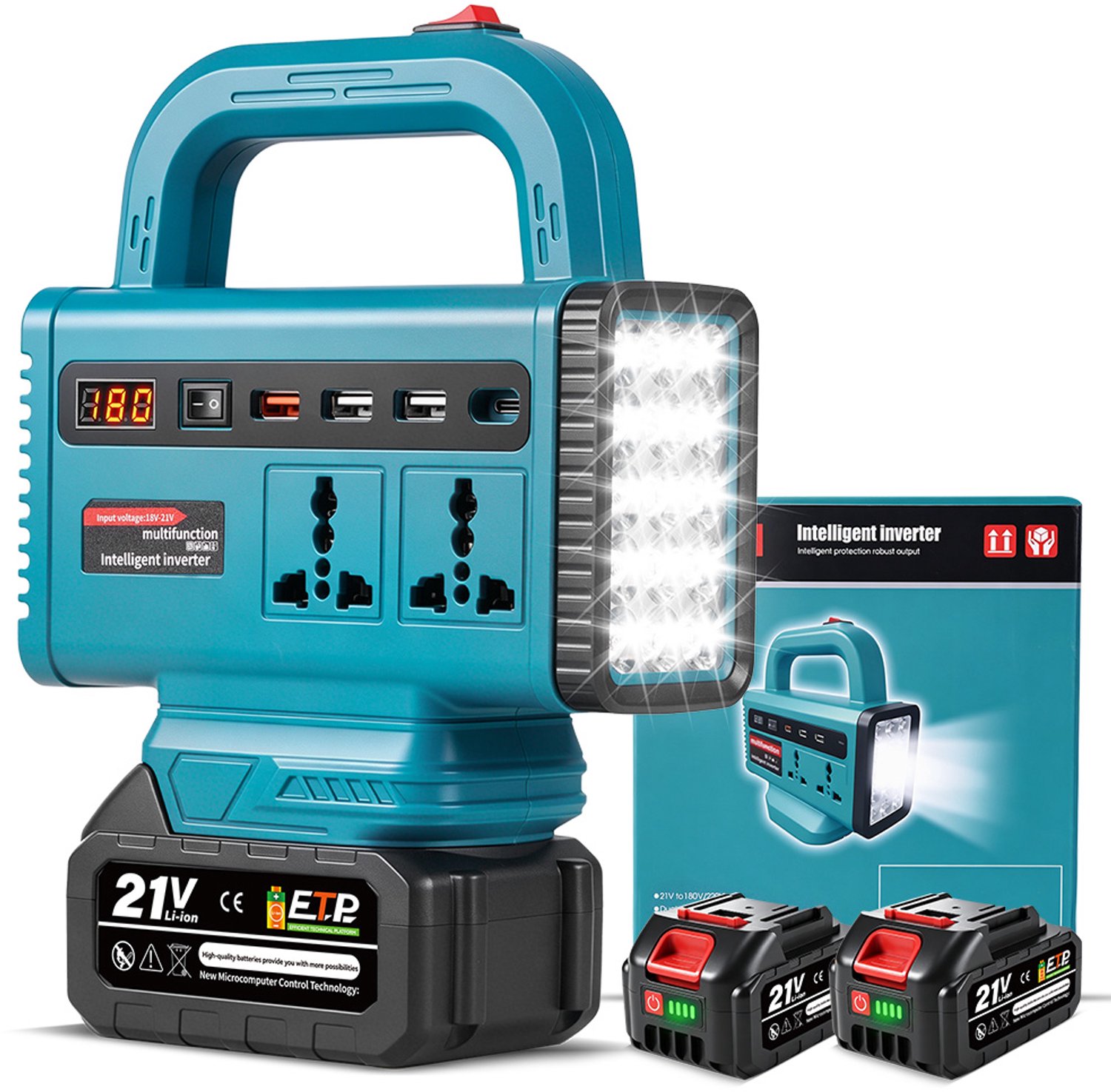 Yofidra Accu Omvormer - met 2x 4.0Ah Accu - 3x USB-poorten & Type C - Draagbare Omvormer