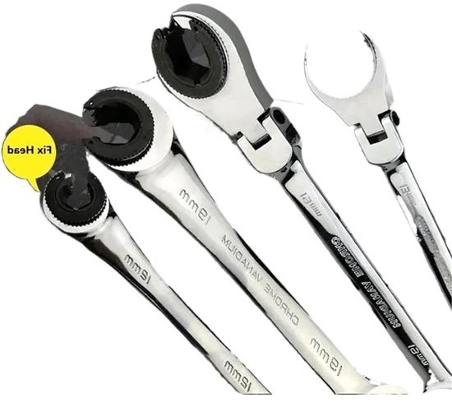 Ratelsleutel met flexibele kop - Steek- en oliesleutel - Voor machined reparatie - 72 tanden - 8-19 mm - Zilverkleurig