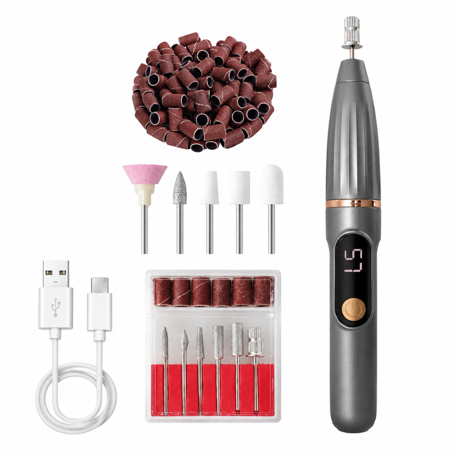 Elektrische nageltrimmer - meerdere snelheden - USB-opladen - grijze luxe uitvoering - met slijpkop, laadkabel en handleiding
