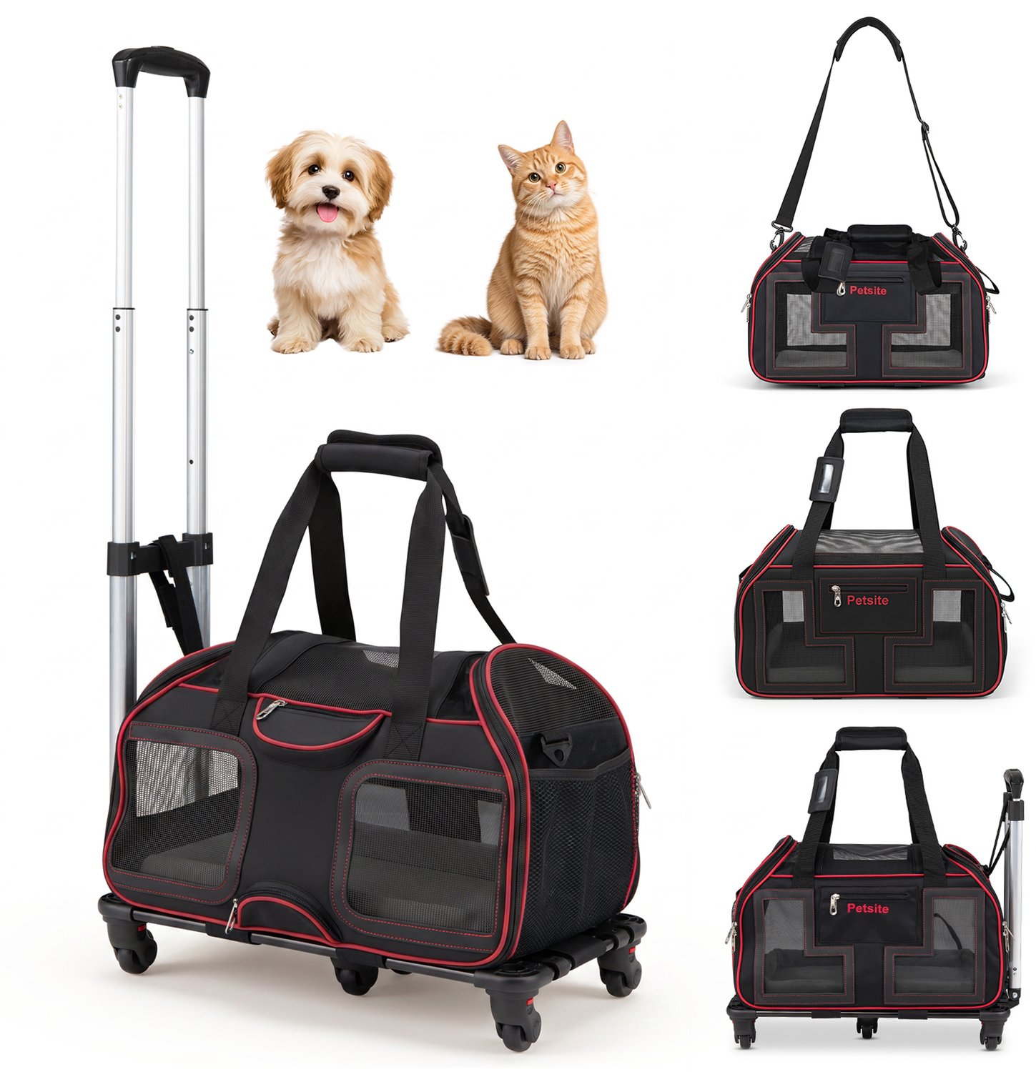 COSTWAY Transporttas voor Honden en Katten op Wieltjes, Uitneembare Kar, Zwart