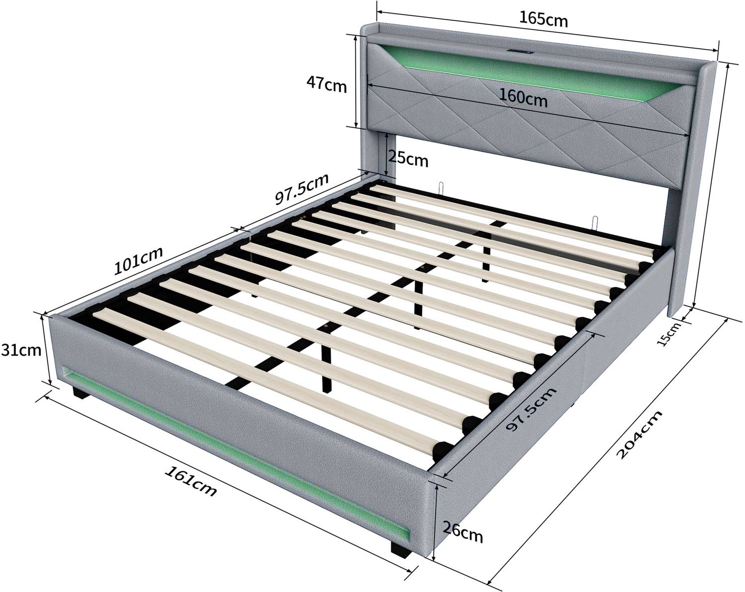 ROSAHQNDA Volwassen bed 160x200 cm, gestoffeerd opbergbed met ruitvormig hoofdbord en LED-verlichting, tweepersoonsbed, Scandinavisch design, linnen, grijs, zonder matras