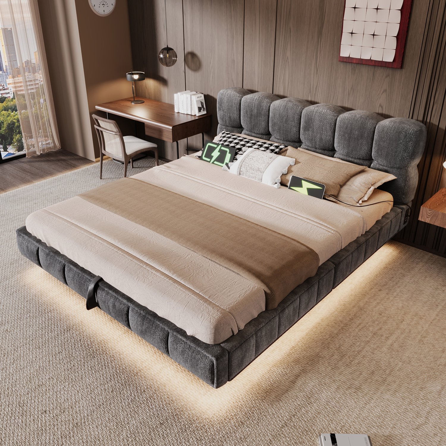 REDOM Bed - Gestoffeerd tweepersoonsbed - Hydraulische opbergruimte - LED-verlichting - USB en USB-C laadpoorten - Chenille - Grijs - 140 x 200 cm - 222 x 154 x 82 cm