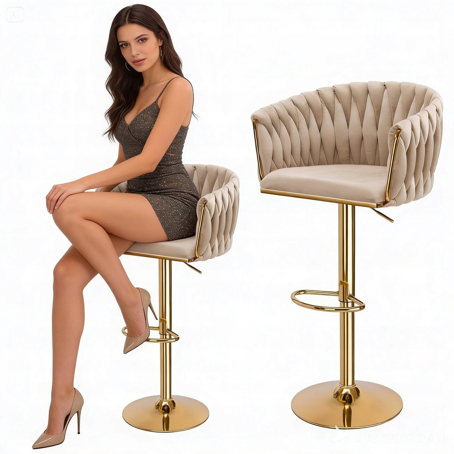 Luxe Beige Goud Velours Draaibare Hocker - Verstelbaar Glamour