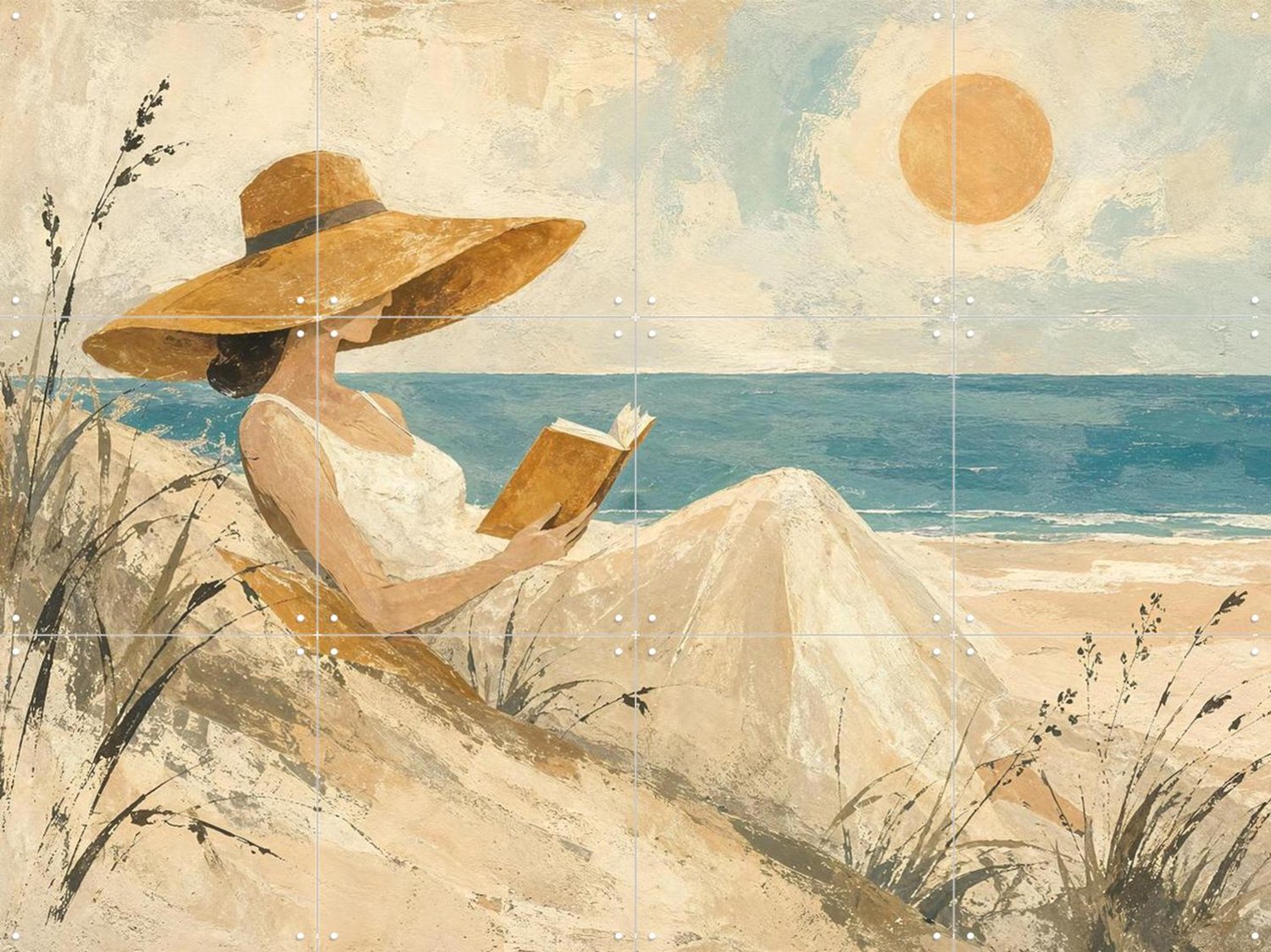IXXI Boek Lezen In De Duinen Aan Zee, Natalie Bruns - 80 x 60 cm - Grote wanddecoratie en posters - Realisme, Schilderijen, Slaapkamer, Strandhuis Blauw / Beige