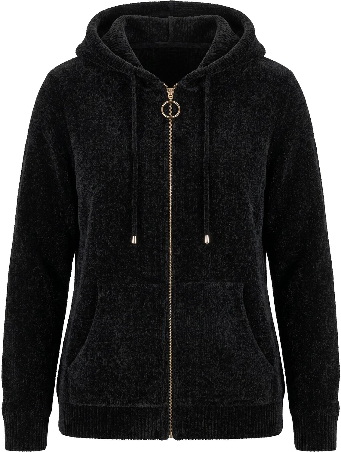 Ulla Popken - Dames - Vest chenille capuchon lange mouwen - Zwart - Maat 42+