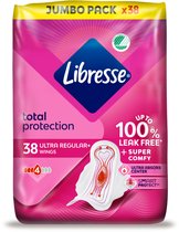Libresse Ultra+ Regular maandverband met vleugels, jumbo pack x38. Totale bescherming, tot 100% lekvrij.