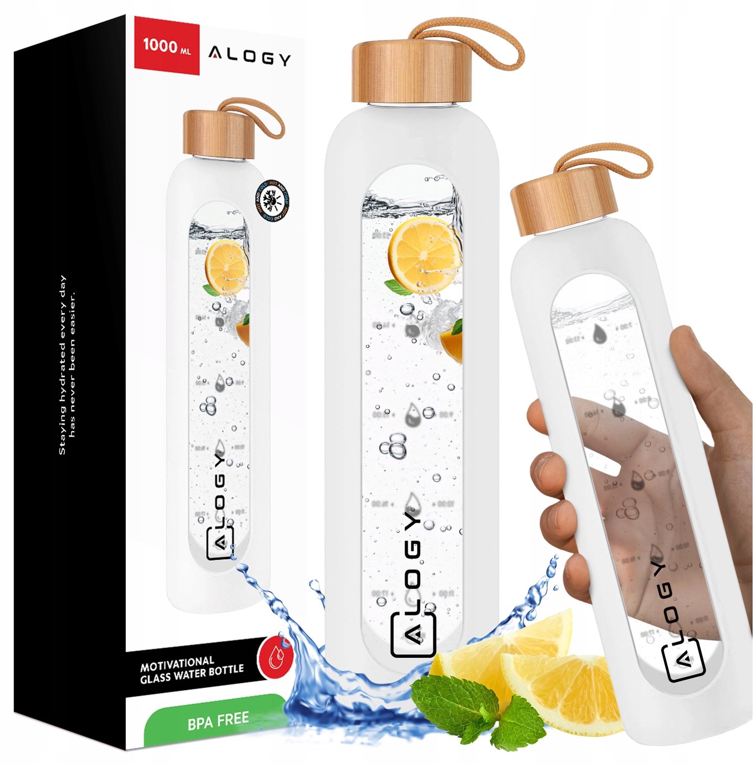Grote Motiverende Glazen Waterfles 1000ml met Siliconen Hoes