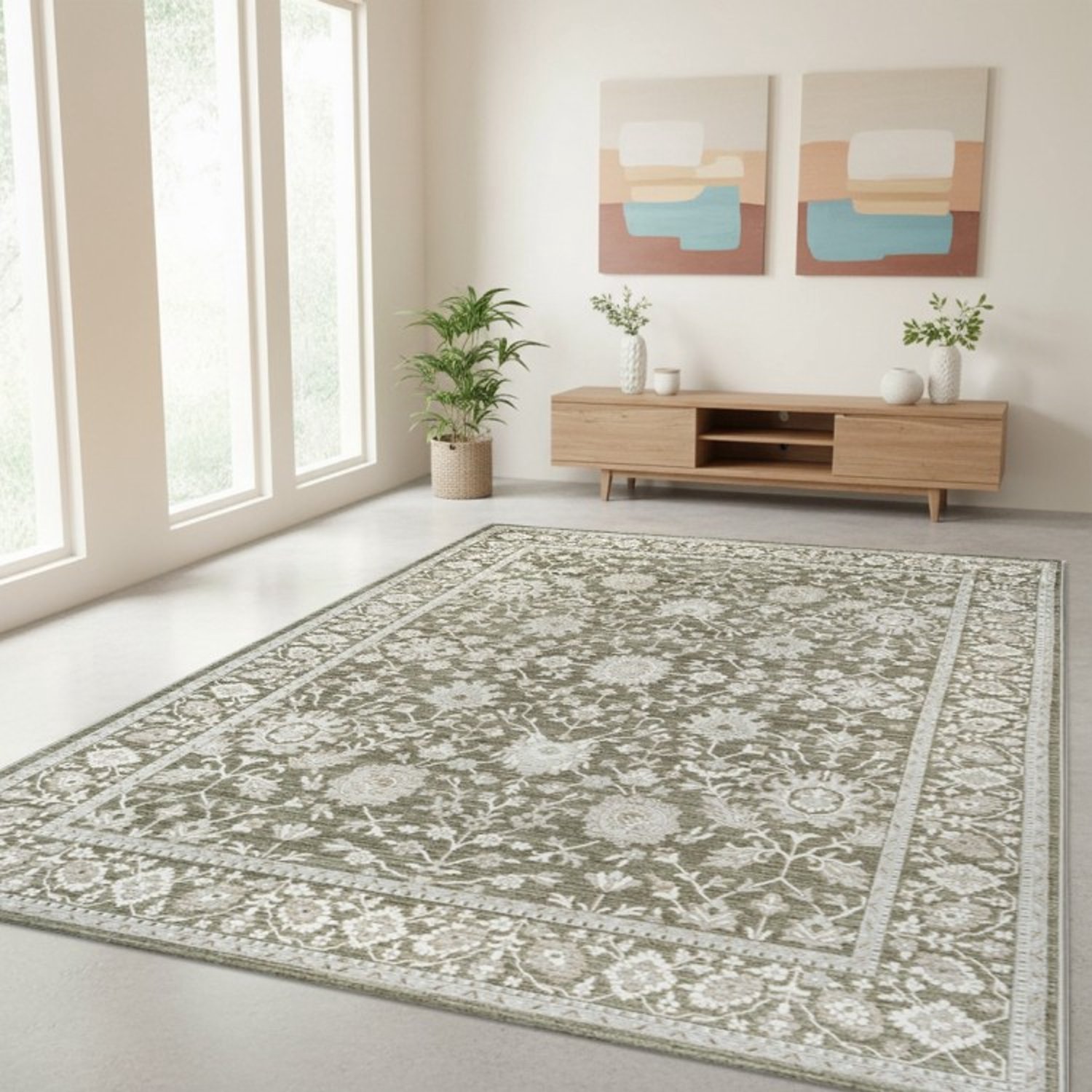 TapisTrend Designer tapijt Groen 80x150 cm Oosterse groene mat met symmetrische bloemenpatronen en een brede decoratieve rand voor de woonkamer en slaapkamer