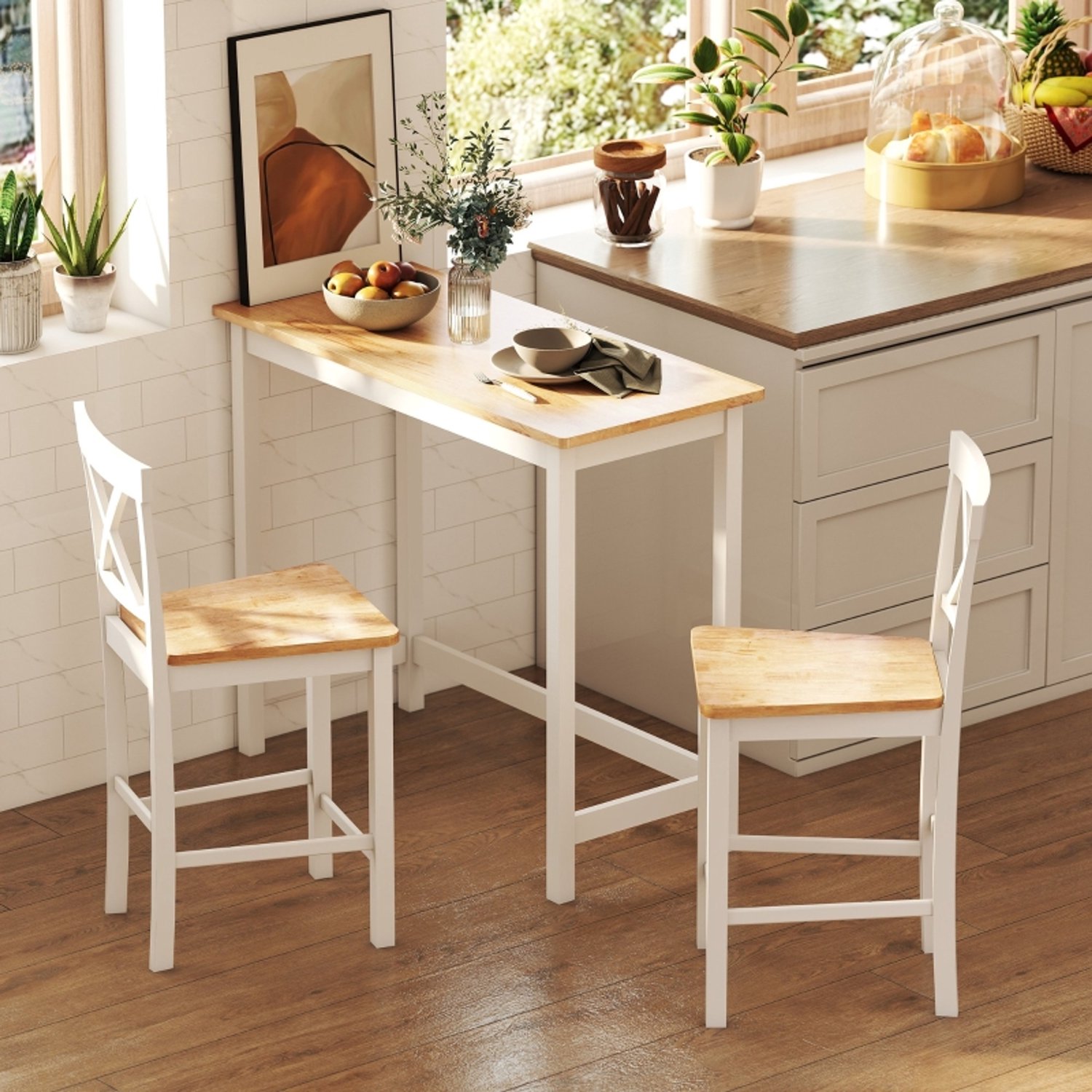 HAUSS SPOLE Bartafel - Eikenlook Met Wit Onderstel - Compacte Tafel Voor 2 Personen - Hout - 108x48x91 Cm - Eikenkleur