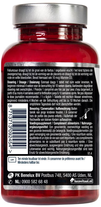 Zijkant van Lucovitaal Foliumzuur + Vitamine D3, met batchnummer en gebruiksaanwijzing.