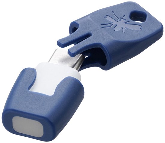 Blauwe heat it insectenbeetbehandelaar met USB-C connector en vlieg-logo.