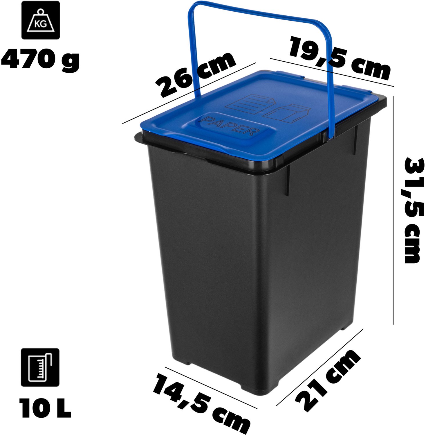 KADAX afvalscheidingssysteem, set van 5, 5 x 10 l afvalbakken met deksel en handvat, afvalbakken voor afvalscheiding van papier, organisch afval, glas, kunststof, metaal en restafval (blauw/bruin/geel/groen/zwart, met opdruk)