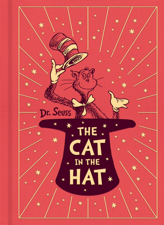 Het bekende Dr. Seuss boek 'The Cat in the Hat' met de Kat met de gestreepte hoed en strik op een rode achtergrond met sterren.