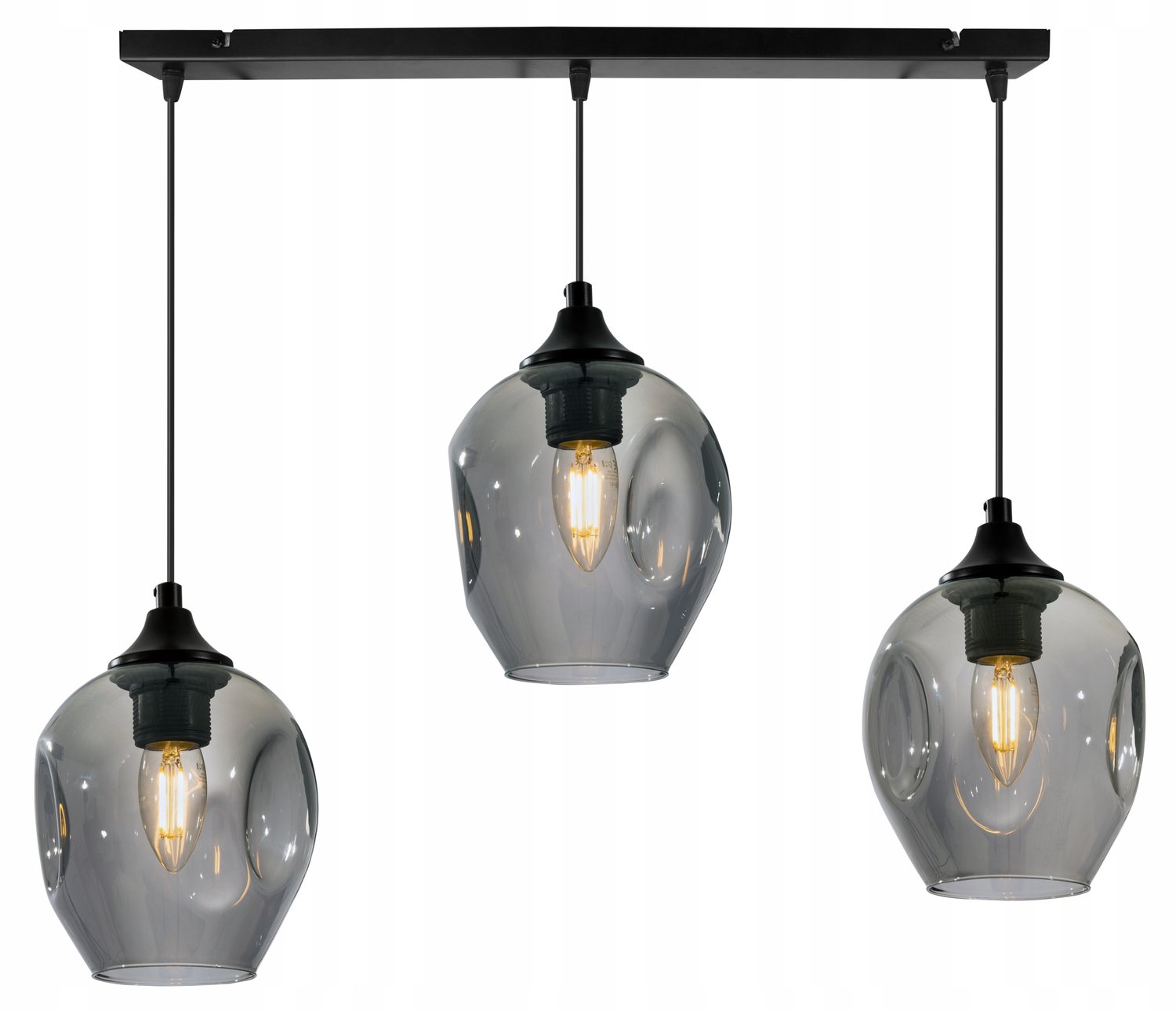Zwarte hanglamp PRAGA met 3 rookgrijze glazen lampenkappen voor eetkamer