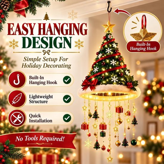 Kerstboom hanger met ster, met LED verlichting en slingers van cadeautjes en sterren. Makkelijk ophangen.